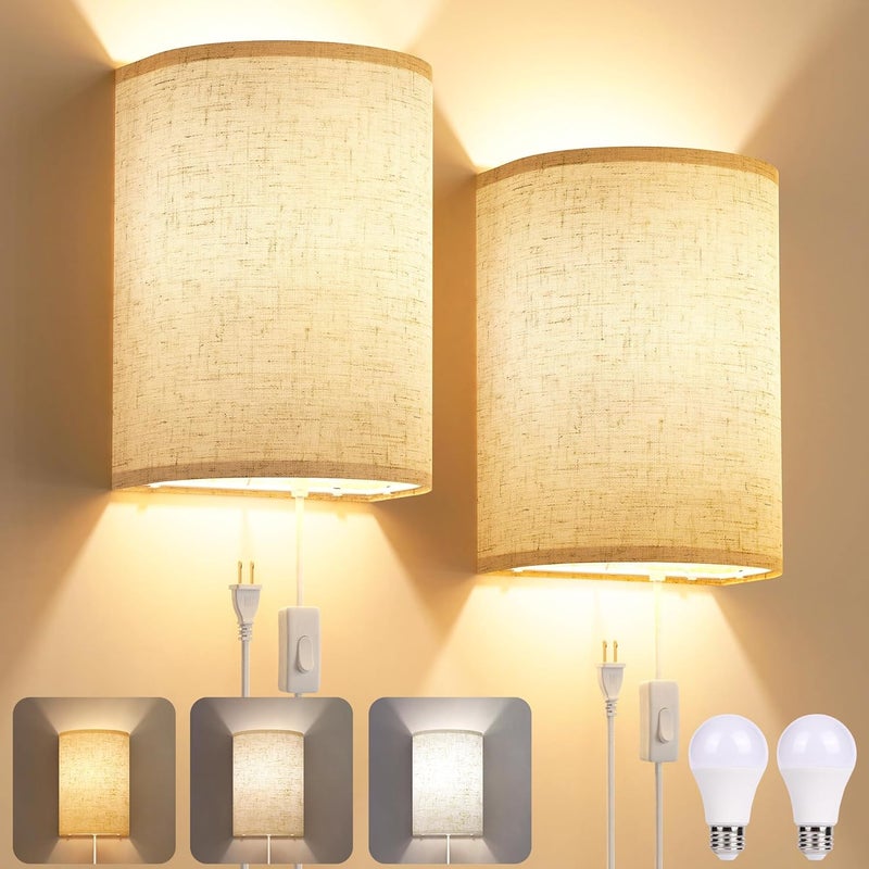 Yunaking Plug in Wall Sconces Set of Two: Wall Lights with On/Off Switch - Stepless Color Temperature Wall Mount Lamps - Fabric Linen Wall Sconce for Bedroom Living Room & Hallway- Indoor Corded Wall Sconces - Image 1